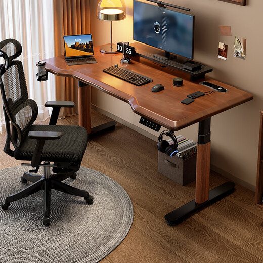Mu Yisheng solid wood electric lift table 3cm computer desk desktop e-sports table office study desk liftable workbench hidden power strip dual motor 3cm walnut color 120*60 100% imported pure solid wood desktop