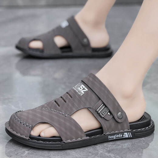 Western Region Camel Vancamel Sandalen Herren Sommer Herren-Wear-Resistant Non-Slip Baotou Sport Lederschuhe Beach Casual Hole Drive Pantoffeln JF983-1 Grau 42 Standard Sportcode