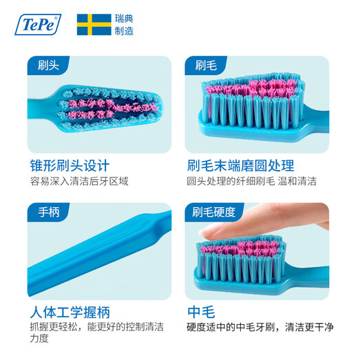 Tepe Sweden imported interesting color slim medium-bristle toothbrush for adults with small head and tapered brush head to remove tooth stains for men and women - Deep Sea Blue