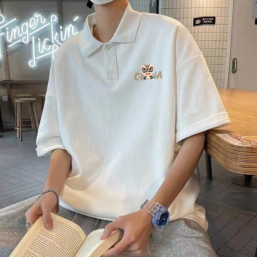 森马（Semir）美式重磅翻领polo衫男短袖夏季ins潮牌潮流休闲宽松半袖体恤上衣 【3899-舞狮】黑色 2XL 150-170斤