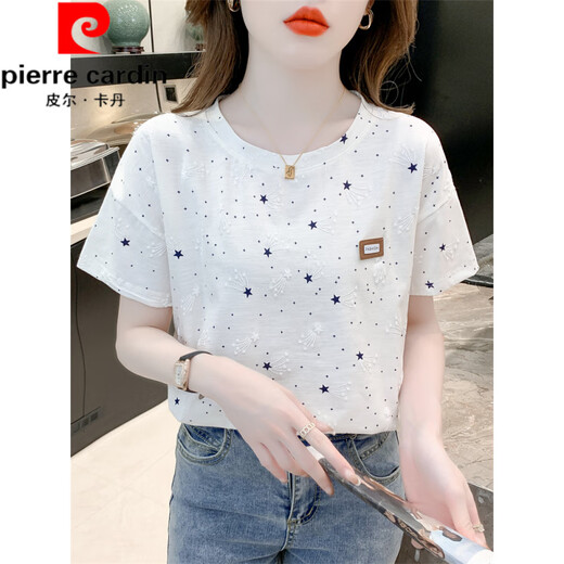 皮尔卡丹（pierre cardin）纯棉印花t恤女短袖夏装2025年新款宽松印花设计感百搭体恤上衣潮 1396白色+338黄色花 S 适合80-99斤