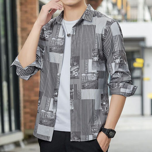 
KMKA men's long-sleeved shirt men's summer thin ice silk outfit spring and summer Hong Kong style casual versatile shirt trendy Korean version 6169 black L 110-125Jin [Jin equals 0.5 kg]