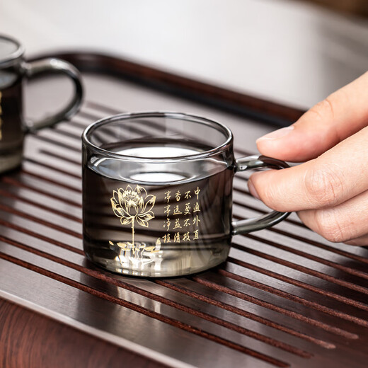 Porcelain brand tea set, carved glass teapot, tea set, household anti-scalding wooden handle tea kettle, high-end Kung Fu tea set, gray bamboo carved teapot, 8-piece set with handle and cup + tea tray