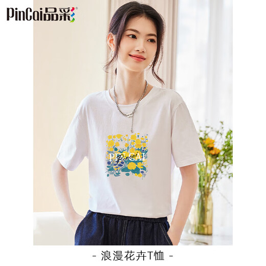 品彩（PinCai）短袖t恤女夏花卉印花字母上衣女时尚宽松圆领内搭 P144T1656