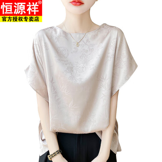 Hengyuan Xiang Xiangyun Sha Satin Kurzarm T-Shirt Damen runden Hals losen Fledermaushülseneis Ice Seiden Top Bambus Jacquard Lazy Style Hemd Champagner Farbe L (geeignet für 110-130jin [Jin gleich 0,5 kg])