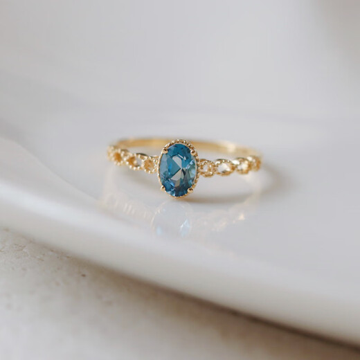 Yuan Si Pleasure Philosophy. 18K gold vintage lace hollow and versatile London blue topaz ring in stock, size 11