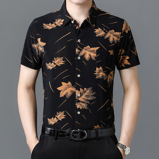 Sept loups (SW1960) 25 Summer Nouvelle chemise à manches courtes pour hommes Ice Silk Cool Thin Printing Shirdy Men's Shirt de l'âge moyen 9898 Gold 2xl 180