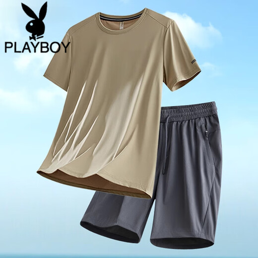 花花公子（PLAYBOY）冰|丝短袖T恤短裤两件套男士夏季中老年爸爸速干宽松运动休闲套装 HQTLJ9905YH+CY2502YH黑色+黑色 2XL