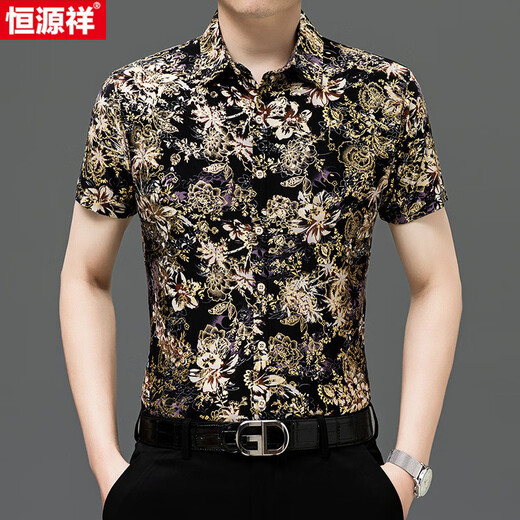 恒源祥夏季桑蚕丝短袖印花衬衫男冰.丝半袖免烫花衬衣休闲中年爸爸薄款 Y81-9898黑色 L 170【120-140斤】