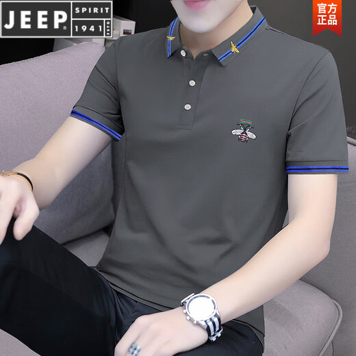JEEP SPIRIT珠地棉保罗刺绣Polo衫男士修身短袖t恤夏季翻领上衣透气半袖体恤 S5012款 黑色 M 适合95-115斤