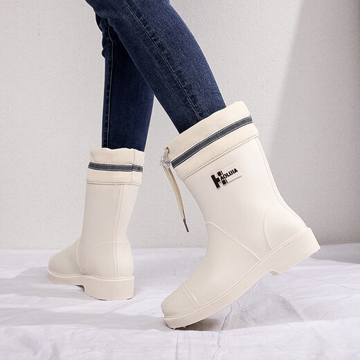 Japanische Mode neue Regenstiefel mit mittlerer Röhre für Frauen, die Wasserschuhe zum Auto tragen, das draußen im Sommer zum Meer eilt, um wasserdichte wasserdichte Stiefel 001 White plus wasserdicht zu sein, um nicht entfernt zu werden 40