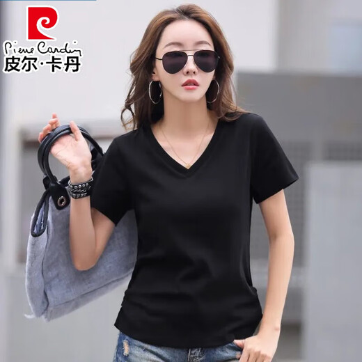 皮尔卡丹（pierre cardin）薄款休闲纯棉v领正肩短袖T恤女夏季韩版新款时尚运动气质T恤衫潮 气质紫(纯棉9854款) S 85-95斤