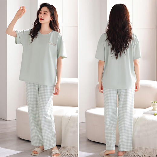浪莎【100%棉】女士睡衣女夏季舒适简约格子短袖长裤家居服套装可外穿