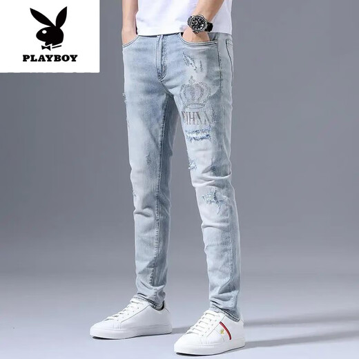 Playboy (Playboy) Летние растяжки для эластичных джинсов Мужские разорванные вышивающие вышива