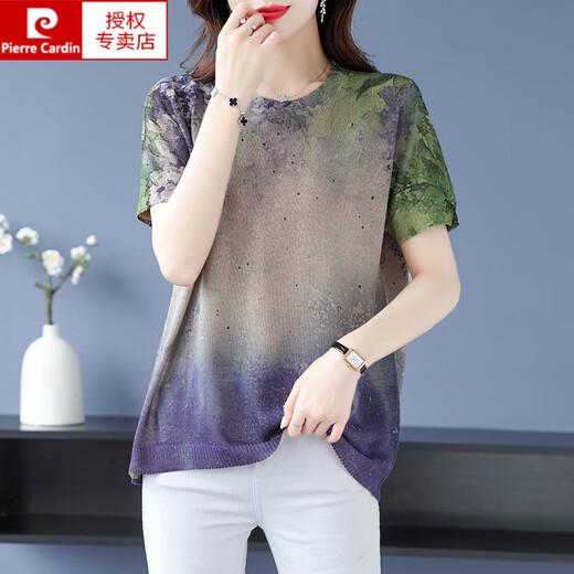 皮尔卡丹（pierre cardin）胖肥mm加大码夏季桑蚕丝短袖T恤女薄款宽松200斤遮肚子印花上衣 L838A色 M