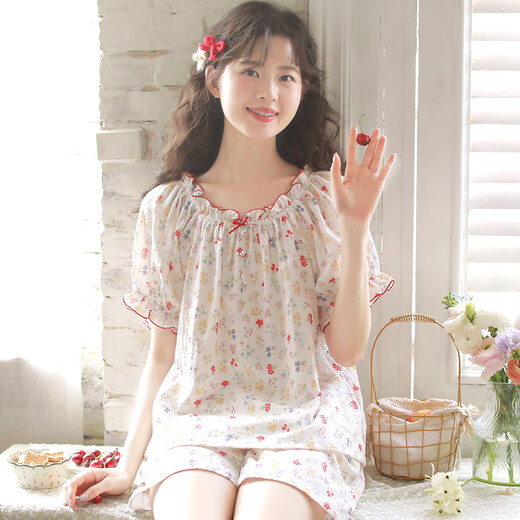 眠岛夏季短袖短裤睡衣女甜美小清新纯棉纱布可外穿家居服套装 碎花 L (158-168cm 130斤以内)