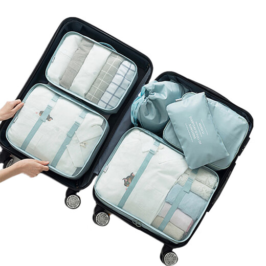 旅行收纳包套装行李箱衣服收纳袋整理袋便携内衣鞋旅游分装包防水 -湖蓝3个大号网包 3件套