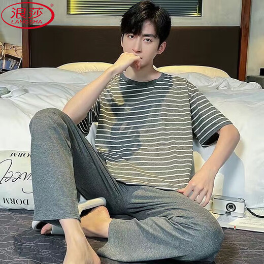 浪莎（LangSha）莫代尔棉睡衣男款年新款棉质短袖长裤简约休闲大码睡衣家居服套装 (2677)*短袖*长裤#hf7* 3XL (适合160-180斤)