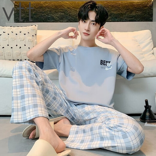 VTT睡衣男夏季纯棉短袖长裤男款薄款大码简约可外家居服套装 V短袖长裤：OMM13077 L