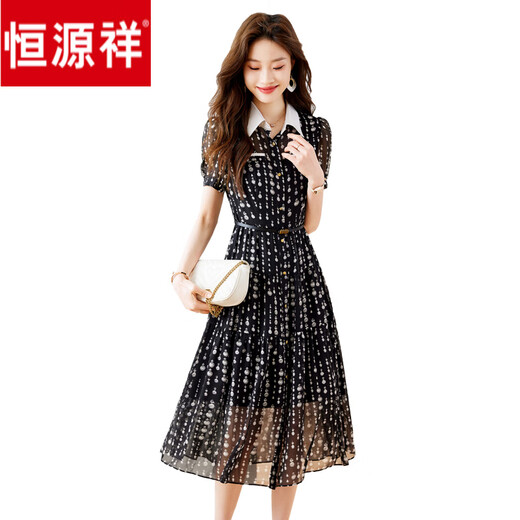恒源祥感温柔风碎花连衣裙夏新款减龄衬衫领气质修身收腰雪纺仙女裙 图片色 M