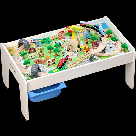 Holzstrecke Auto Fernbedienungszug Hölzer Kinder Holz Spielzeugtisch Boy Großer Partikelbaugruppe Baustein Tisch weißer Tisch + Deckbuckel + Baustein + Crane Hillside Offizielle Standardkonfiguration