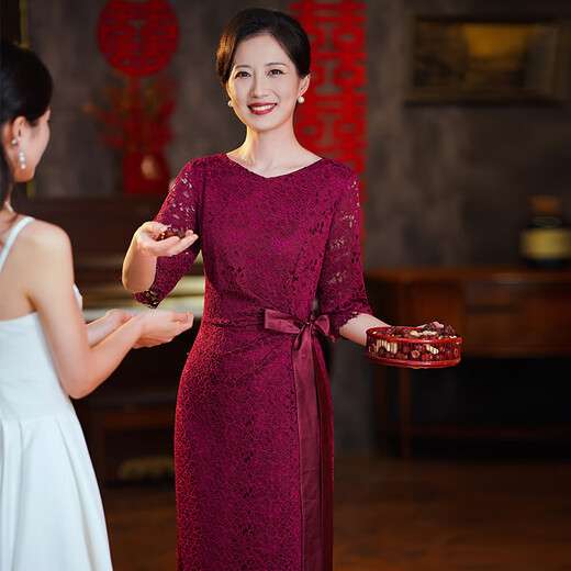 离境天旗袍2025新品婚礼妈妈礼服高贵新款喜婆婆婚宴装蕾丝改良连衣裙洋 9761酒红色 M建议90-100斤 均码