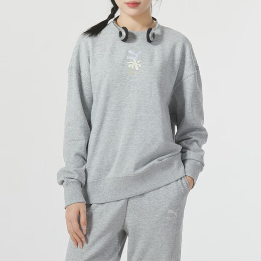 彪马（PUMA）套装棉女 刺绣LOGO时尚花卉针织运动服圆领卫衣套头衫长裤休闲裤 灰色上下套装/内里毛圈 XS