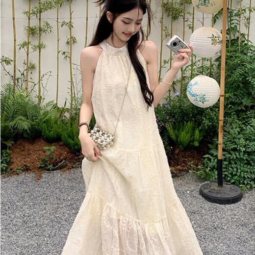 Jane La Bear French Retro Halter Robe for Femmes 2025 Été Nouveau tempérament de fée White Lace Seaside Vacation Long Jupe Halter Robe Single Taille [80-120JIN [Jin est égal à 0,5 kg]]]