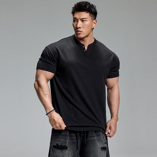 MUSCLE DOG Muscle Dog Fitness Short Sleeve Men's Summer New Product Studded Loose Casual Henley Shirt Training Wear Sports T-shirt White S