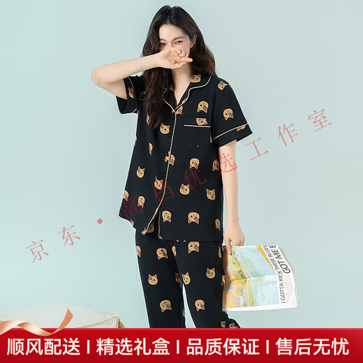 CA BRIDA轻奢品牌女士睡衣女夏季纯棉短袖长裤可爱卡通小猫家居服开衫套装 6227 M