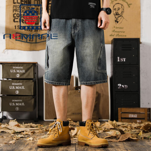Aemape Apple Casual Lose Retro Multipocket Denim Shorts Herren 5-Punkte-Sommer-Dünnkühle Fünf-Punkte-Hosen großer Größe 9926 Blau 28 Geeignet für 90-105 Jin [Jin entspricht 0,5 kg]