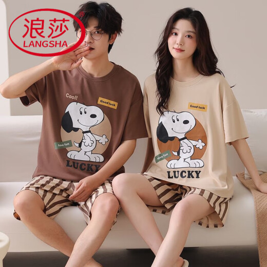 浪莎（LangSha）情侣睡衣夏季薄款纯棉短袖女士卡通可爱大码男士可外穿家居服套装 旗舰店-844 M 单女: