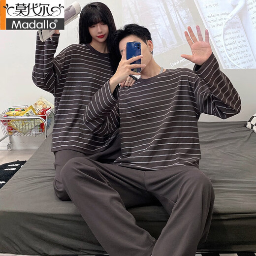 莫代尔情侣睡衣春秋季新款长袖纯棉男女士休闲高级感条纹家居服两件套装 #XF-15568 M 女[75-100]斤