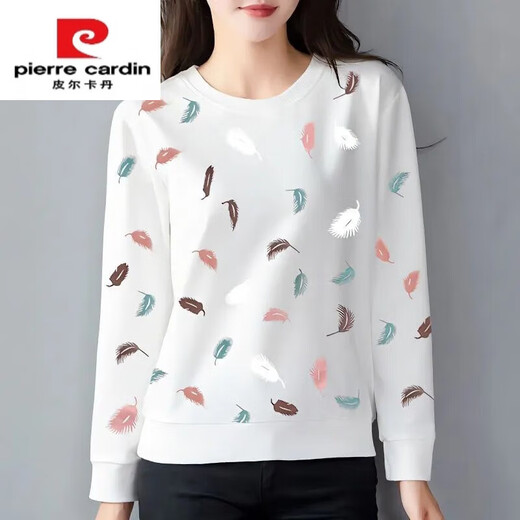 皮尔卡丹（pierre cardin）纯棉长袖T恤女秋冬薄款白色印花上衣女士宽松中年大码显瘦外套 E9227羽毛 M 【建议80-95斤】