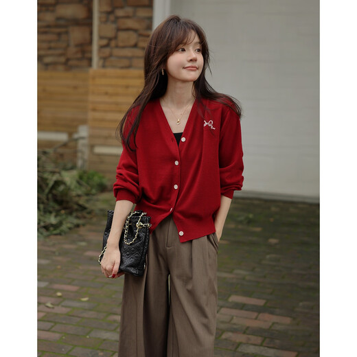 Mt high-intellectual atmosphere spring and autumn simple style embroidered V-neck cardigan soft waxy wool sweater women's top