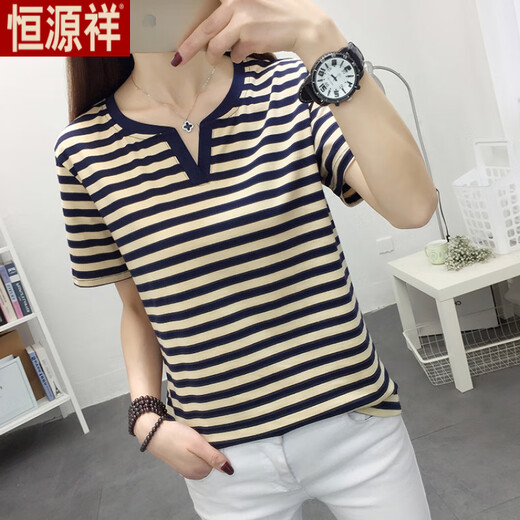 Hengyuanxiang Fat MM Vêtements pour femmes de grande taille Summer 2025 T-shirt à manches courtes en coton en V Lower Coton en V Couvrant le ventre à la mode Blue 838 L Recommandé 105-120Jin [Jin est égal à 0,5 kg]