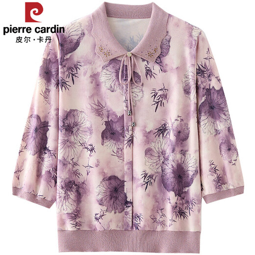 皮尔卡丹（pierre cardin）妈妈装春季翻领针织中长袖冰丝T恤中老年女装春夏季新款碎花上衣 粉红色702 M 建议(85-105斤)