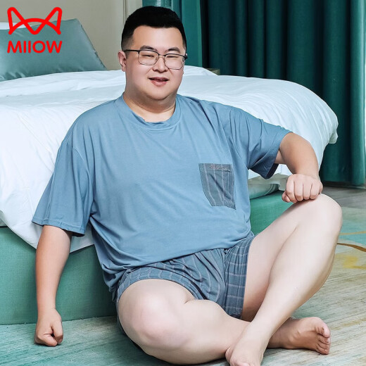 猫人（MiiOW）夏季睡衣男大码莫代尔短袖薄款宽松圆领休闲加肥加大家居服300斤 MDR723深灰条纹 3XL [建议180-220斤]