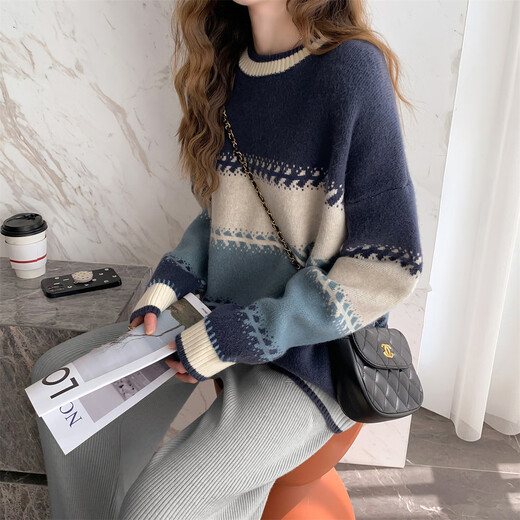 Tang Shi 2025 autumn women's round neck color-blocking wide striped pullover sweater age-reducing versatile Korean style casual and fashionable