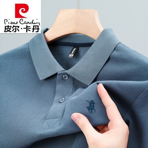 Pierre Cardin Polo Polos de algodón Etiqueta Pony Summer Camiseta de manga corta Camiseta de solapa para hombres Top de punto 6626 Mist que Blue manga larga M 48/