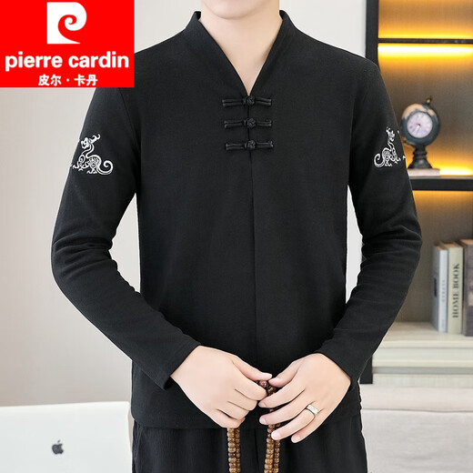 Pierre Cardin Männer mittleren Alters Chinesischer Stil Chinesischer Stil Langsamer T-Shirt Trendy Brand Stickerei Button Top Casual Tang Anzug Herbst und Winter Neues Deutsches Velvet [Vatertagsgeschenk] 9888 White [V-Ausschnitt] besticktes langärmlige M.