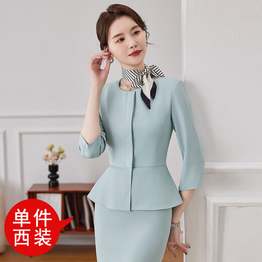 春秋季新款蓝色七分袖小西装外套女美容院珠宝店两件套装职业装 绿色 西装+裙子（JY6210） L