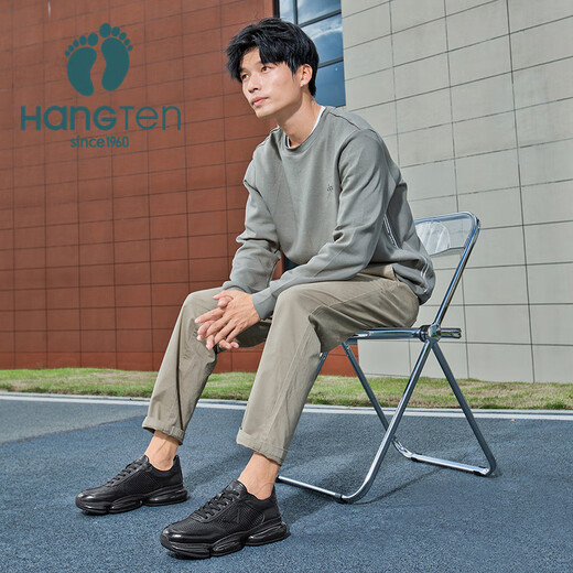 HANG TEN男鞋2025秋季真皮透气皮鞋百搭休闲商务黑色通勤公务厚底增高鞋男 黑色 41