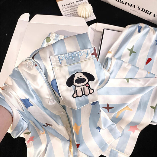 Also booked with internet celebrity big nose dog women's ice silk pajamas for summer thin short-sleeved trousers three-piece dopamine striped home clothing KAD-13555SD Star puppy double short 2XL
