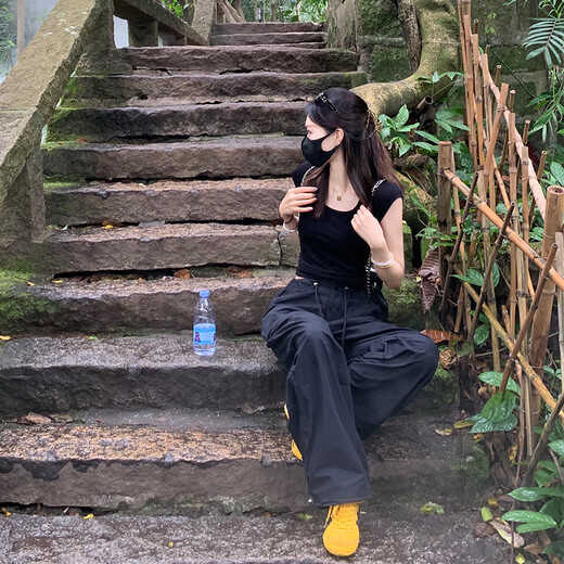 皮尔卡丹黑色降落伞美式工装裤女夏季新款百搭薄款休闲裤阔腿抽绳直筒裤女 6630藏蓝色 6630藏蓝色 XS