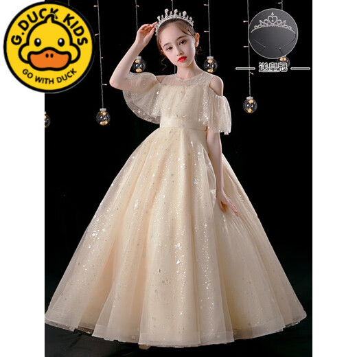 G.DUCKKIDS Girls Dress Flower Girls Wedding Little Girls Wedding Piano Playing Performance Clothes Children's High-end Host Princess Dress 692009 White [Follow + Crown] 150 cm Suitable for 140-150cm Ages 9-10 years