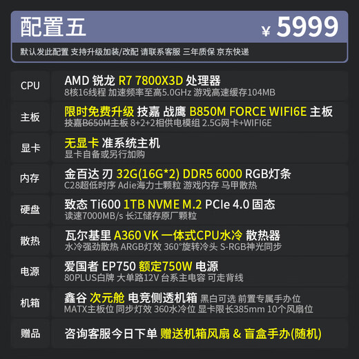 Gigabyte AMD Ryzen 7500F/7800X3D graphics card RTX5060Ti/5070 Xingu dimensional cabin e-sports side-through computer game design DIY assembly desktop 003 Configuration five 7800X3D | No graphics card