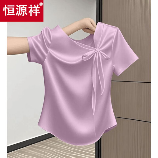 恒源祥法式蝴蝶结短袖T恤女2025夏季气质时尚百搭显瘦蓝色设计感衬衫 粉红色【关注优先发】 L