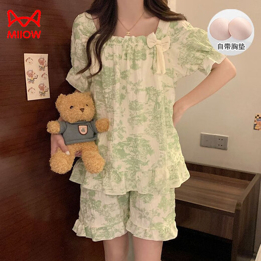 Cat men women's pajamas in summer with chest pads and shorts shorts two-piece set of sweet princess-style home clothing set for outside wear X9902-1 M
