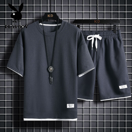 花花公子（PLAYBOY）重磅华夫格短袖T恤男夏季宽松大码运动短裤套装工作服圆领透气潮 829黑色【套装】 M 100-120斤